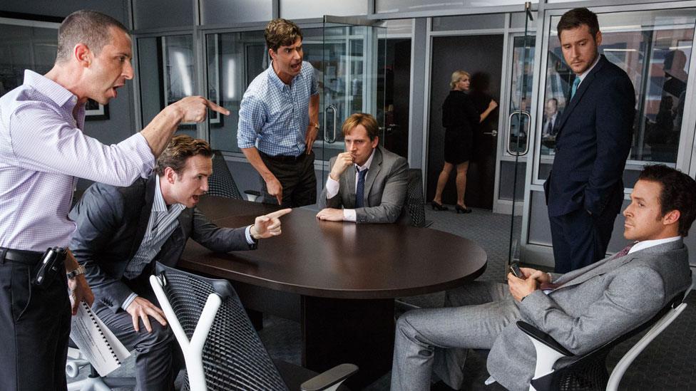 Jeremy Strong, Rafe Spall, Hamish Linklater, Steve Carell, Jeffry Griffin and Ryan Gosling in The Big Short