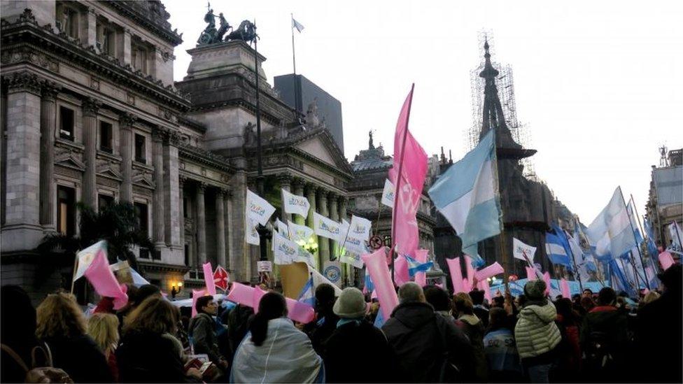 People protesting against abortion gather near the Argentine Congress awaiting the decision on abortion in Buenos Aires, Argentina, 13 June 2018