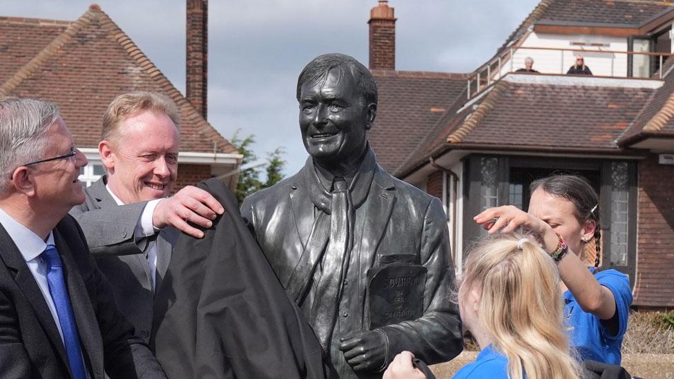 Statue of Sir David Amess on Chalkwell seafront, Southend, as it was unveiled