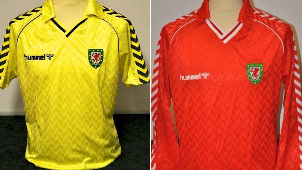 Two Hummel shirts worn by Kevin Ratcliffe - an away shirt worn against Denmark in October 1987 and a home shirt worn against Sweden in April 1989