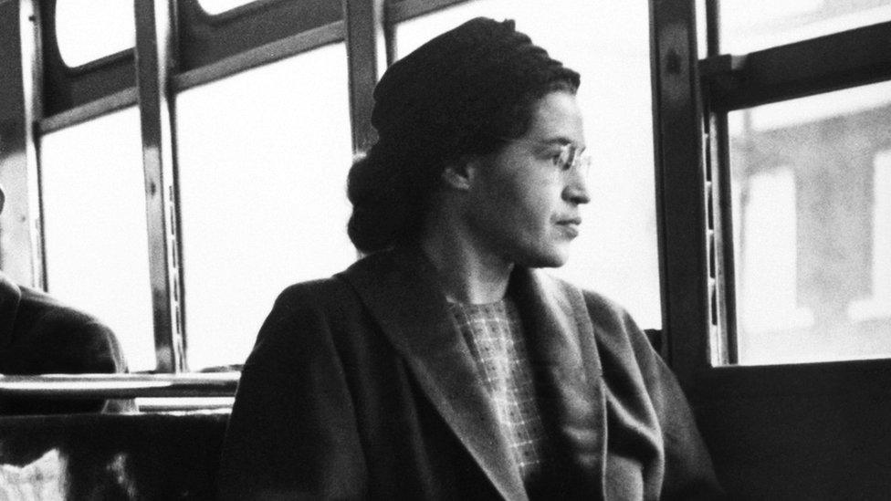 Rosa Parks sits in the front of a bus in Montgomery, Alaska