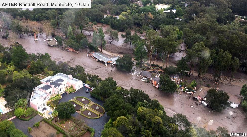 aerial shot of Randall Road, Montecito on 10 January, with huge mudslide ripping through the debris left by destroyed houses