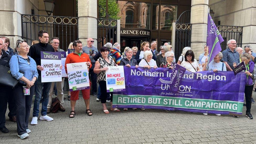 A protest calling for the Smartpass eligibility age to stay at 60 took place outside the Department for Infrastructure on Wednesday