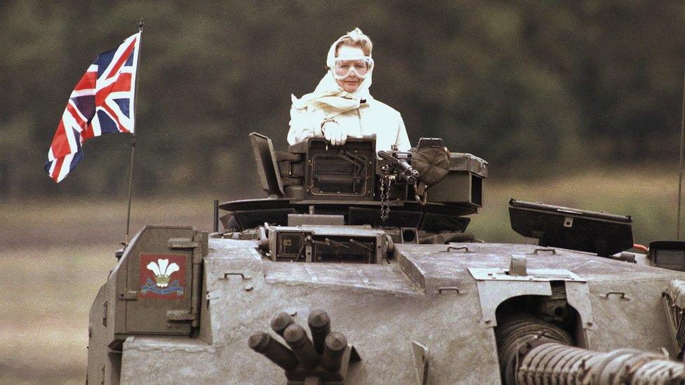 Margaret Thatcher driving a tank in 1986