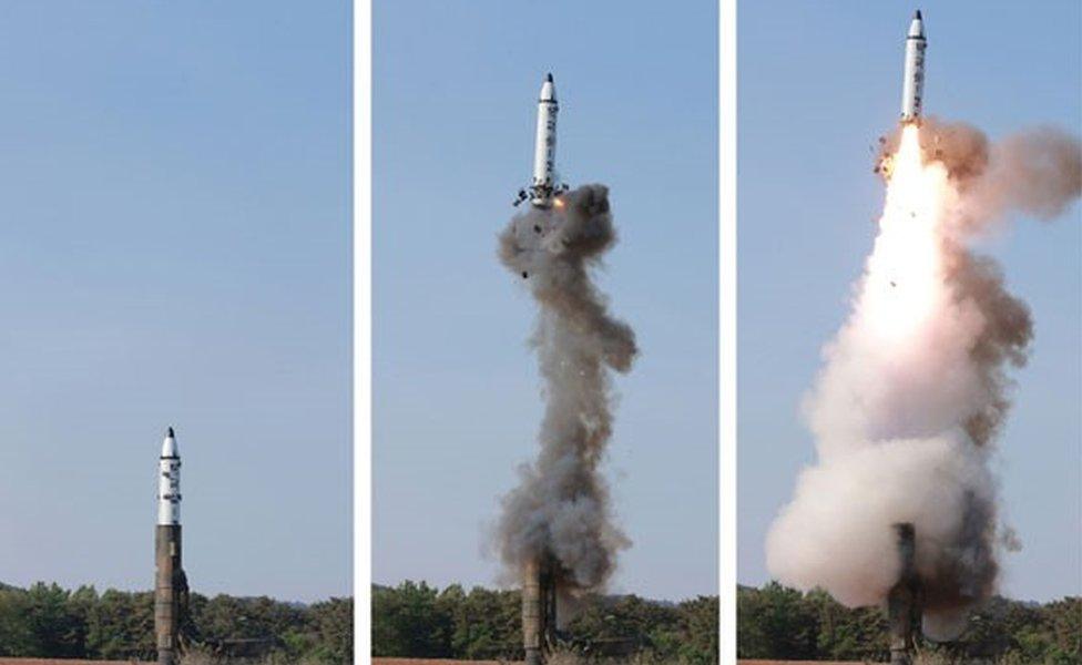 Three images showing stages of North Korean missile launch - 21 May 2017