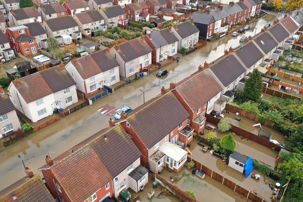 Flooded houses and gardens in Doncaster