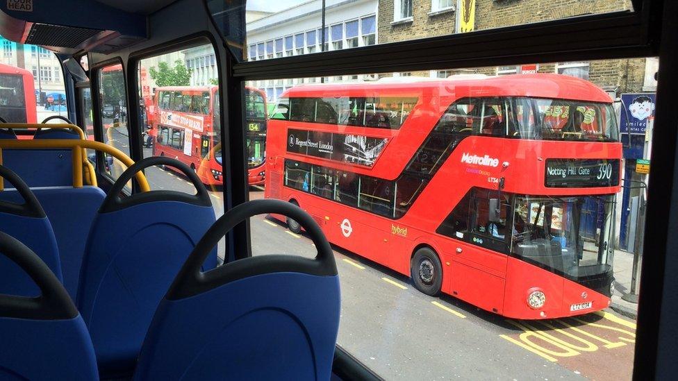 View from upper deck of bus.