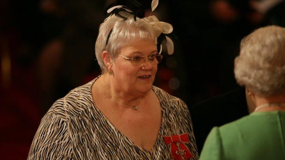 Penelope Jones as she receives her MBE from Queen Elizabeth II at Buckingham Palace in 2010