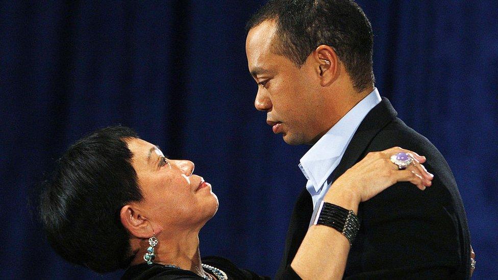 Tiger Woods with his mother Kultida Woods after he publicly admitted to infidelity, on 19 February 2010