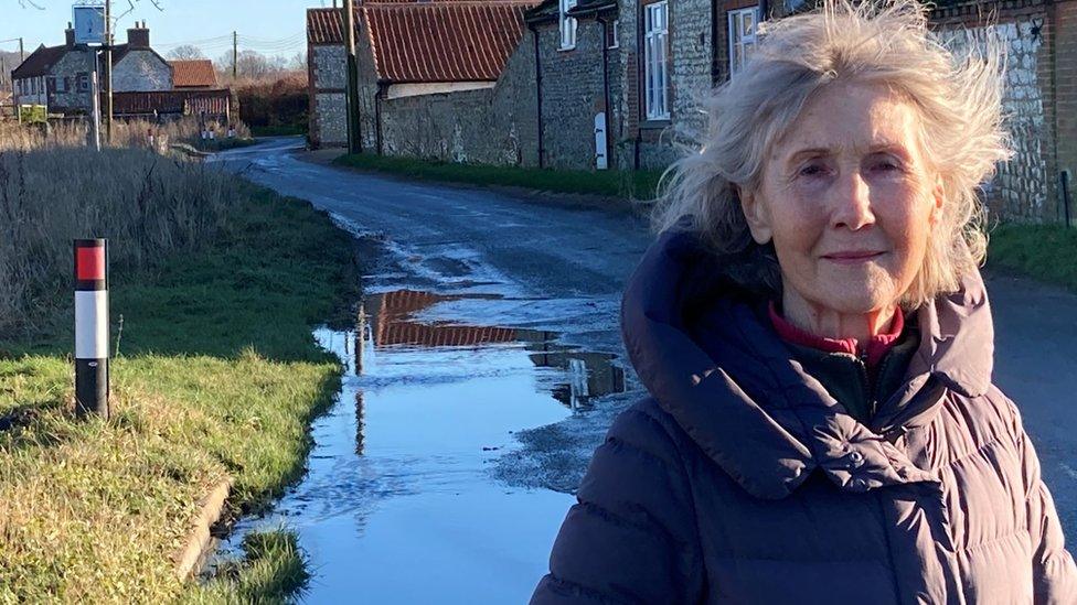 Contaminated water in the road behind parish Cllr Mima Garland.