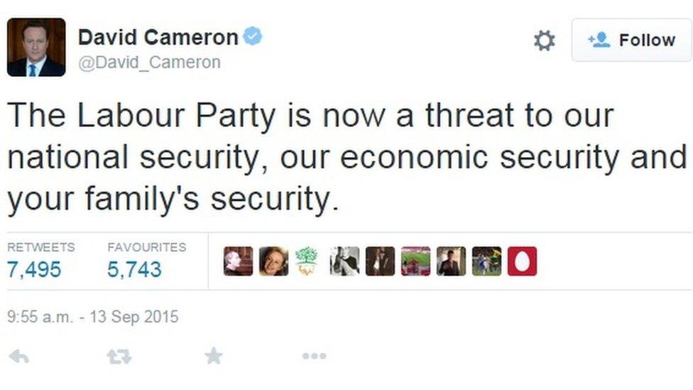 David Cameron's tweet describing the Labour Party as a threat to national security