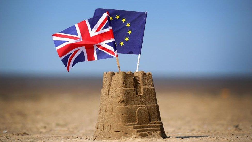 British and EU flags in sandcastle