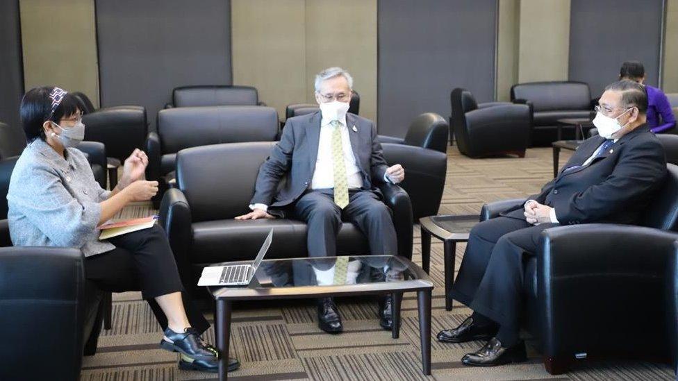 Indonesian Foreign Minister Retno Marsudi (L) and Thai Foreign Minister Don Pramudwinai (C) meet Myanmar's Foreign Minister Wunna Maung Lwin appointed by the military (R) in Bangkok, Thailand on February 24, 2021.