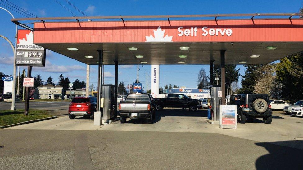 The price of fuel in Vancouver: 99.9 Canadian cents per litre [57 pence per litre].