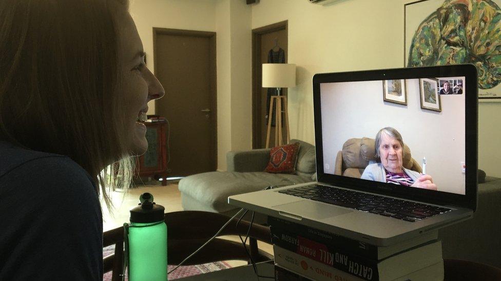 The writer chatting with her other grandmother who is in Melbourne