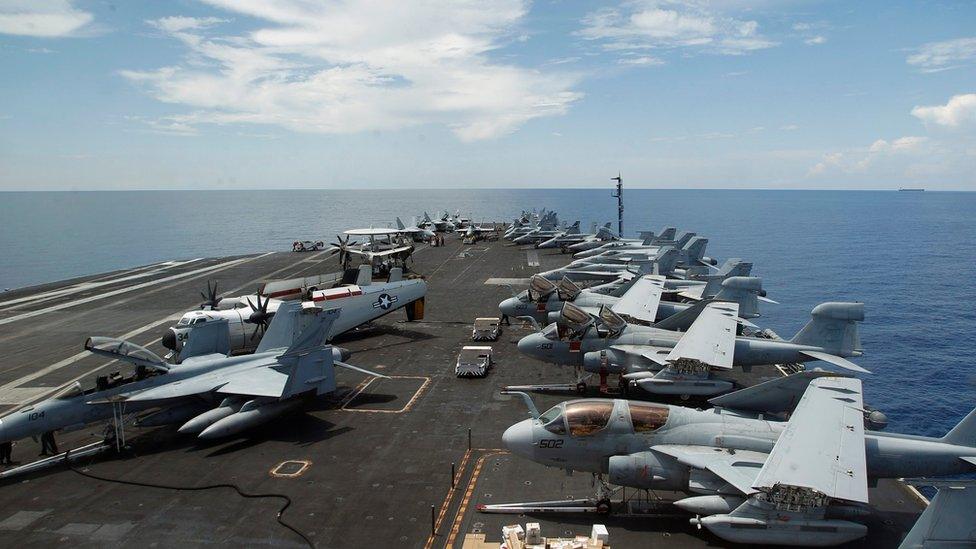 US aircraft on board the Nimitz aircraft carrier, as it patrols the South China Sea