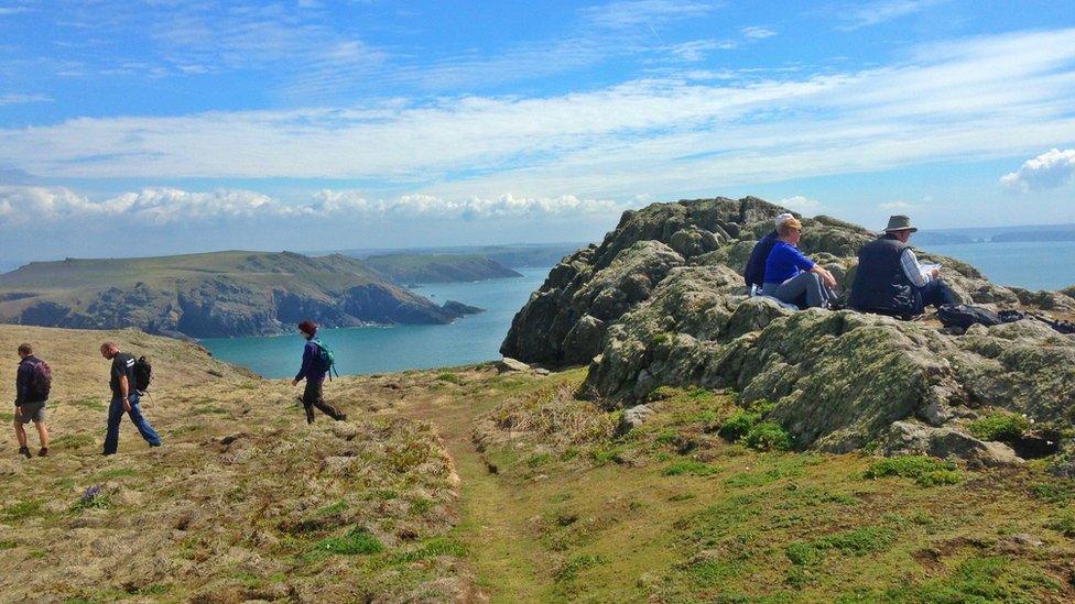 Hikers on Skomer Island