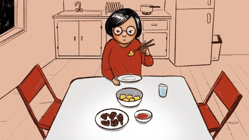 Illustration of a woman eating alone