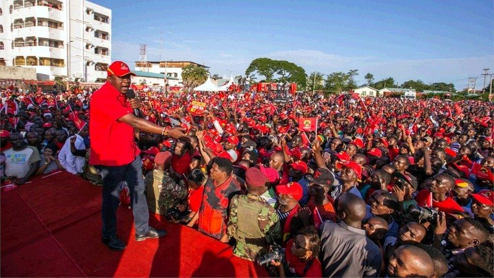 Uhuru Kenyatta addresses Jubilee Party supporters during a campaign rally at Tononoka grounds in Mombasa, Kenya August 2, 2017.