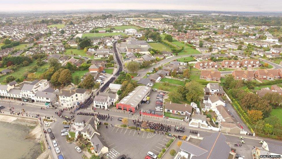 An overhead image of the funeral procession in Blackrock