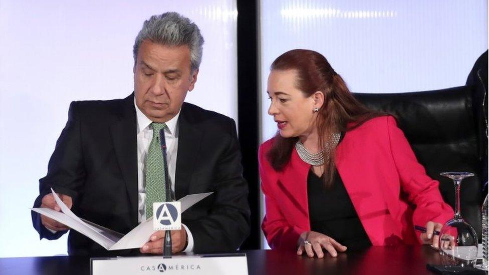 Ecuadoran President Lenin Moreno (L) and Ecuadoran Foreign Minister Maria Fernanda Espinosa (R) participate in a forum during a visit to the EFE-Casa America in Madrid, Spain, 19 December 2017