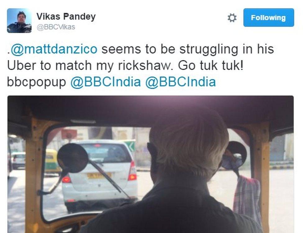 BBC Pop Up's Vikas Pandey tweets about his trip in an autorickshaw. Text reads: ".@mattdanzico seems to be struggling in his Uber to match my rickshaw. Go tuk tuk! bbcpopup @BBCIndia @BBCIndia"