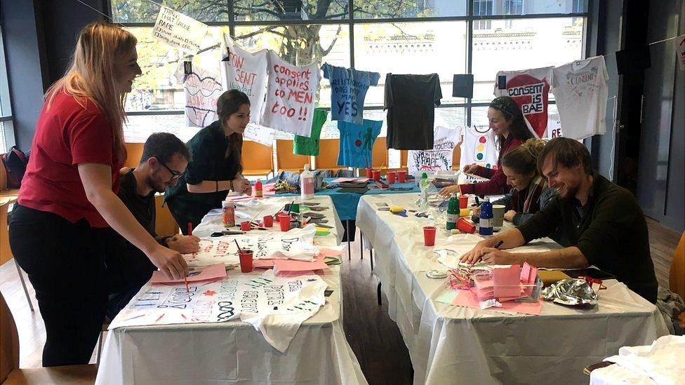 Students gather to make T-shirts with slogans about sexual consent, Queen's University Belfast