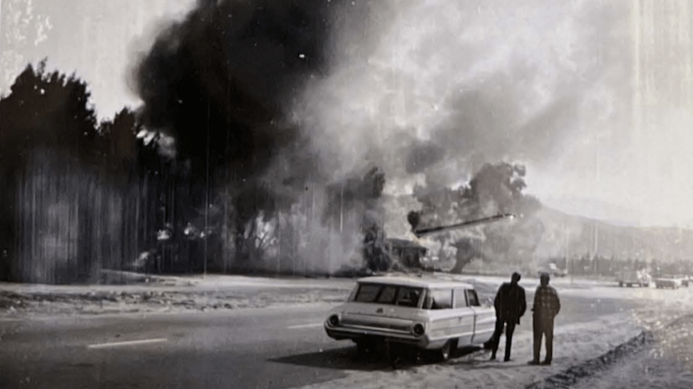 A home burning in 1966 Palm Springs, CA