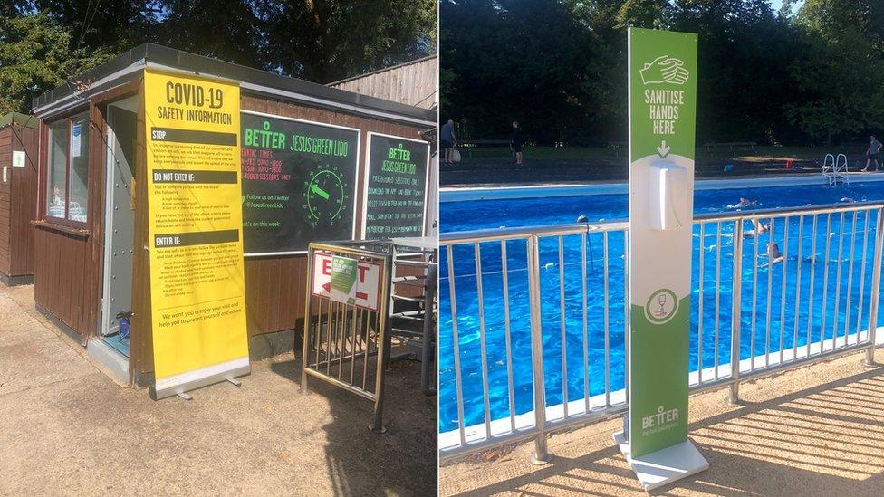 Signs and sanitiser at Jesus Green Lido