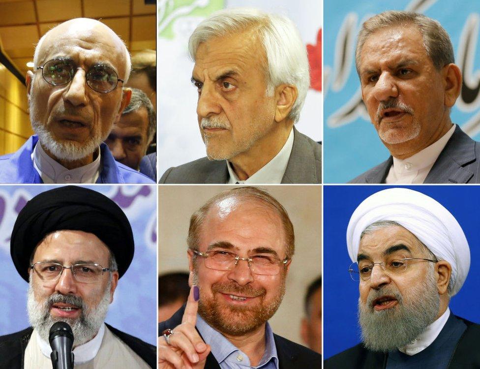 Mostafa Mirsalim (top left); Mostafa Hashemitaba (top centre); Eshaq Jahangiri (top right); Ebrahim Raisi (bottom left); Mohammad Baqer Qalibaf (bottom centre); Hassan Rouhani