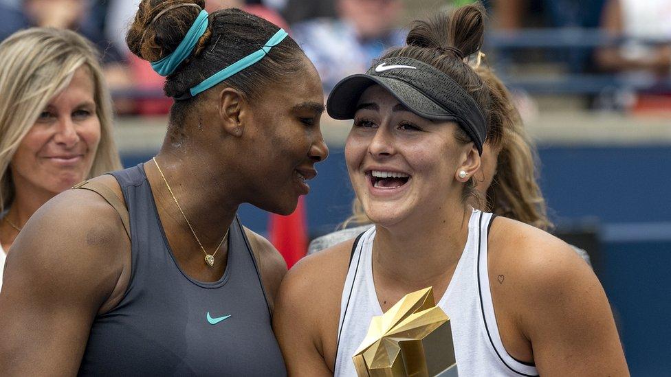 Serena Williams talks with winner Bianca Andreescu at the Rogers Cup