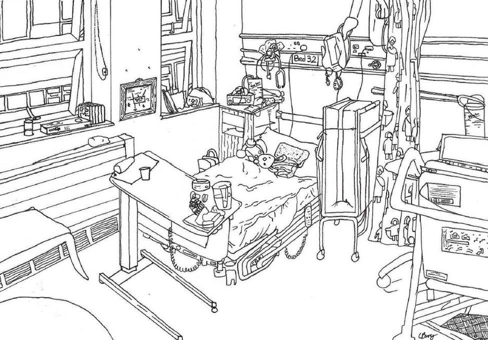 Cristiana Borg's drawing of her hospital bed