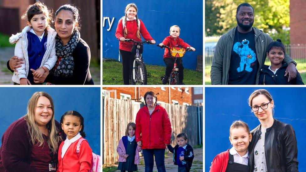 A composite image of parents and children on their first day back at school