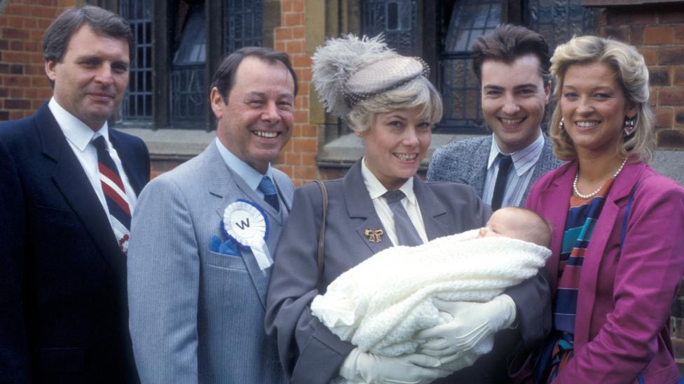 Peter Dean as Pete Beale, Bill Treacher as Arthur Fowler, Wendy Richard as Pauline Fowler, Nick Berry as Simon Wicks (Wicksy) and Gillian Taylforth as Kathy Beale) in EastEnders