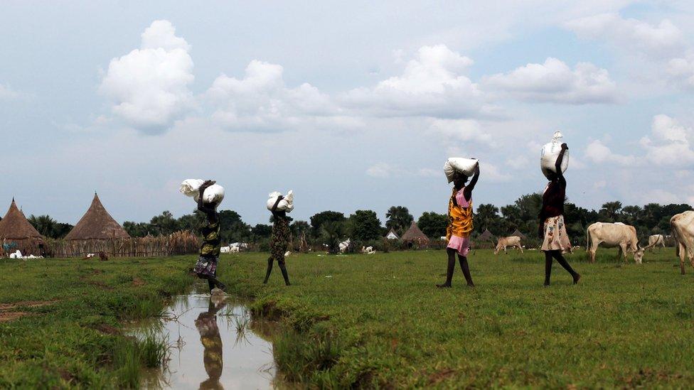 Displaced women carry food from a distribution centre near the town of Nyal - 29 October