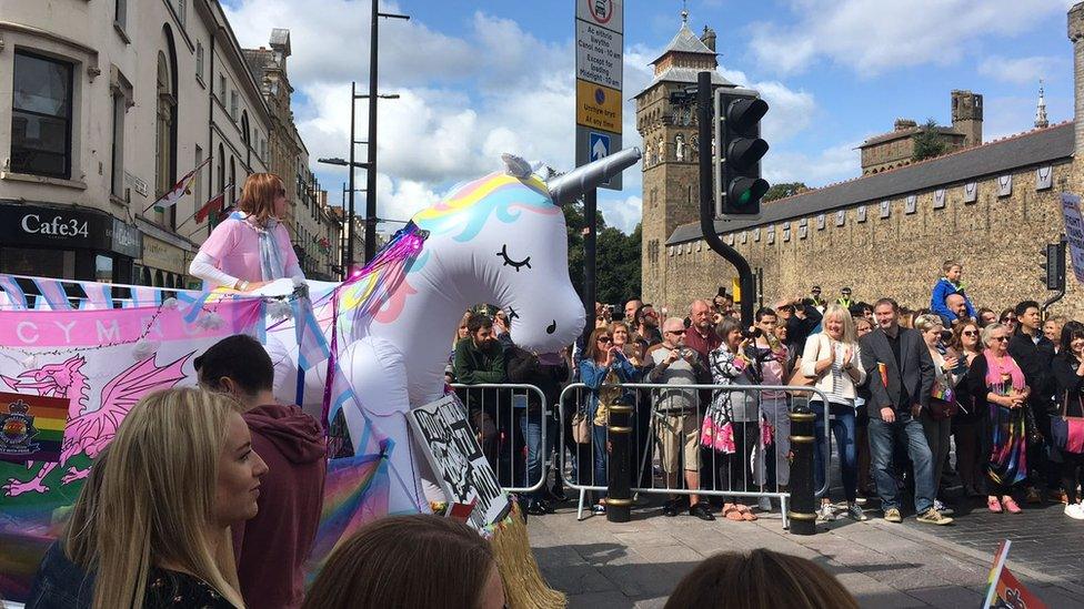 An inflatable unicorn