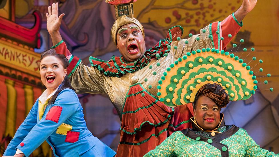 Gemma Sutton, Clive Rowe and Tameka Empson in Aladdin at the Hackney Empire in 2018