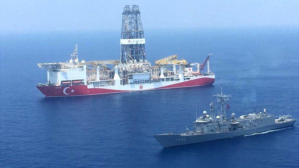 The drilling ship Yavuz escorted by a Turkish warship (pic from Turkish defence ministry)