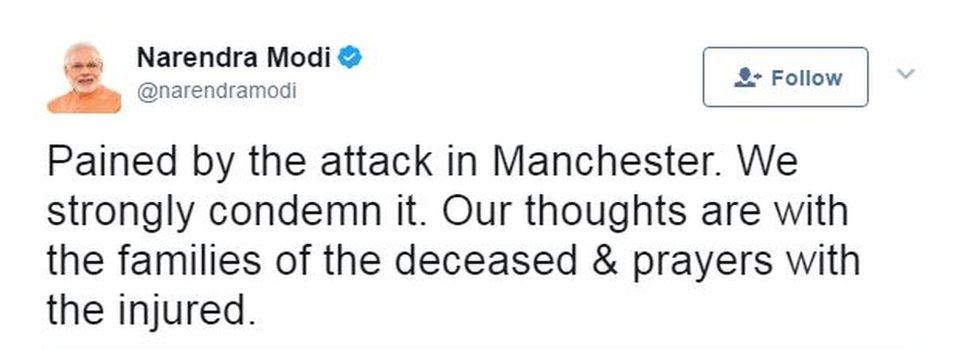 India's PM Narendra Modi tweeted that he was "pained by the attack"