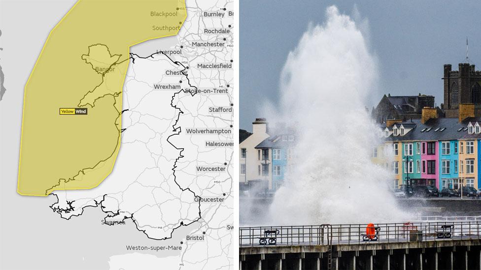 A weather warning map and tides hitting the coast