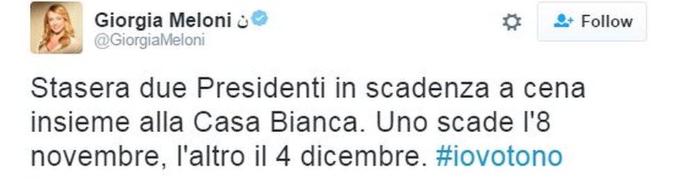 Tweet from Giorgia Meloni, leader of right-wing Brothers of Italy party