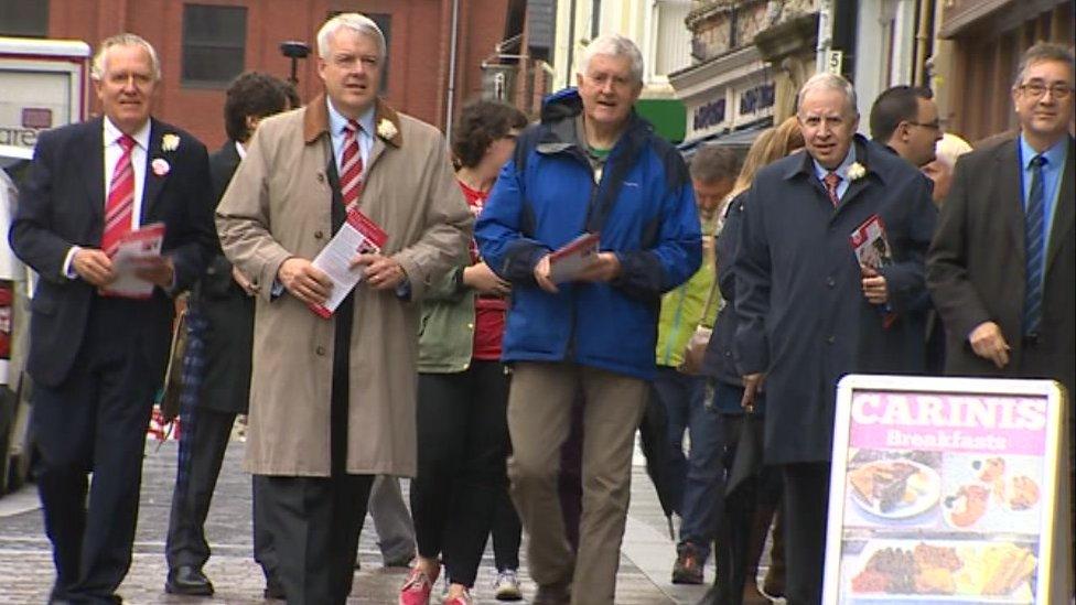 Lord Hain, Carwyn Jones, Rhodri Morgan and Lord Murphy promoting the pro-EU cause in Pontypridd