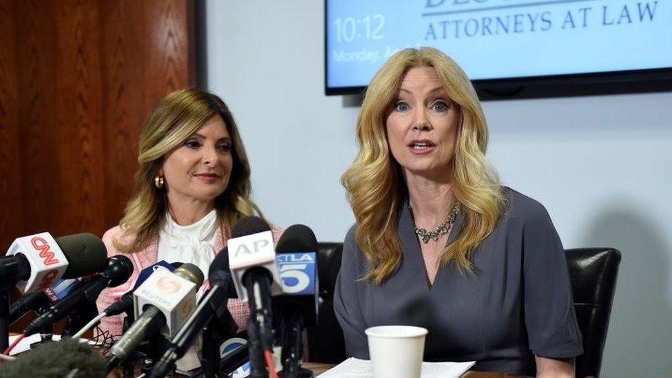 Radio and television personality Wendy Walsh (R) appears alongside her attorney, Lisa Bloom, in Los Angeles, California.