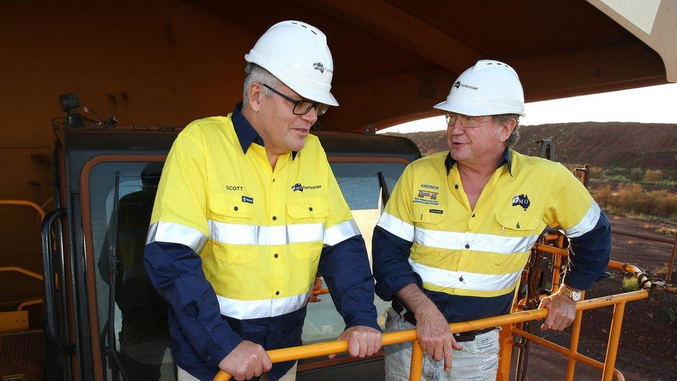 Australian Prime Minister Scott Morrison tours Fortescue Metals Group's Christmas Creek mining operations with Fortescue Metals Group CEO Andrew Forrest on April 15, 2021 in Karratha, Western Australia