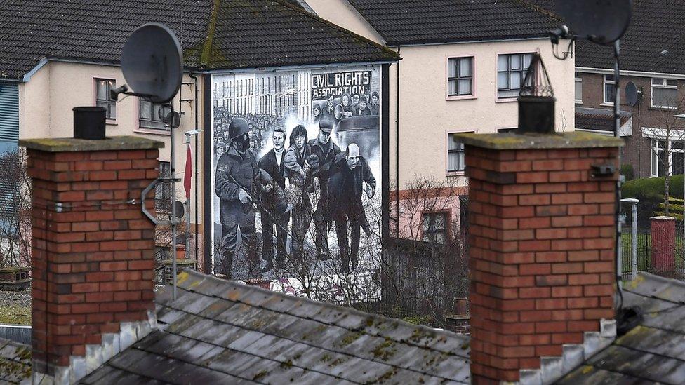 The Bloody Sunday mural in the Rossville Street area of Londonderry where soldiers opened fire on civil rights marchers on March 13, 2019 in Londonderry