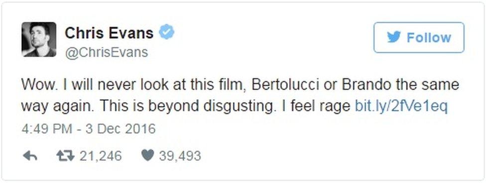 Chris Evans: "Wow I will never look at this film, Betolucci or Brando the same way again. This is beyond disgusting, I feel rage."