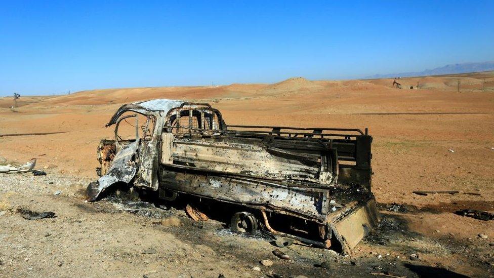 A view shows the aftermath of Turkish air strikes in Derik, Syria