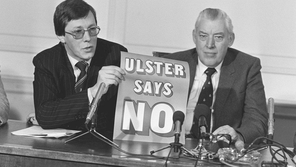 Ian Paisley (right) and Peter Robinson at a 1985 press conference