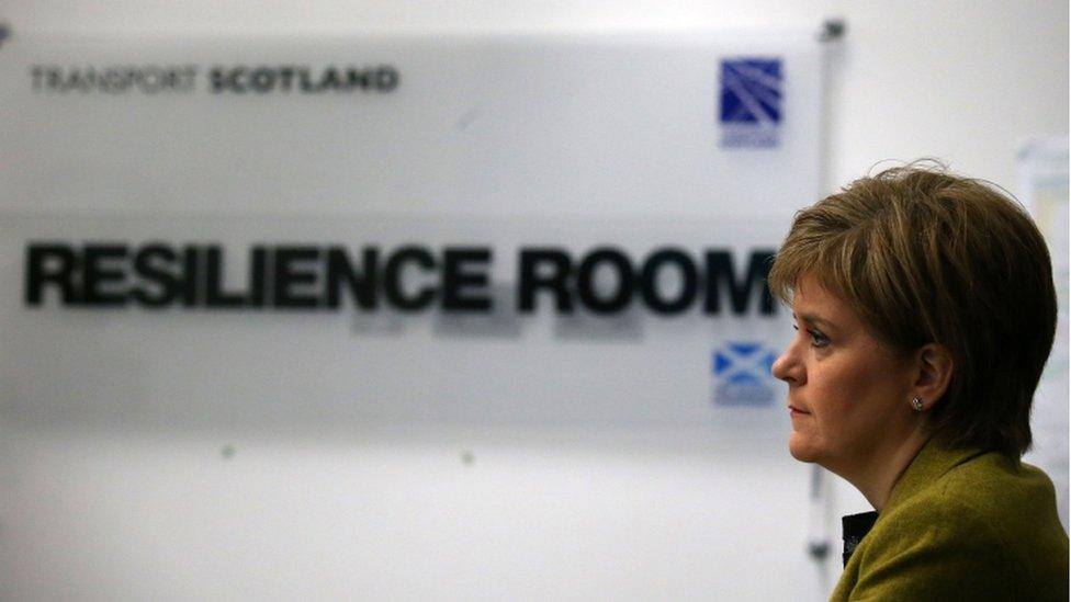 Nicola Sturgeon is briefed in the Resilience Room within Traffic Scotland Control Centre at South Queensferry