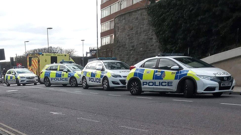 Police cars and ambulances at Swindon Station